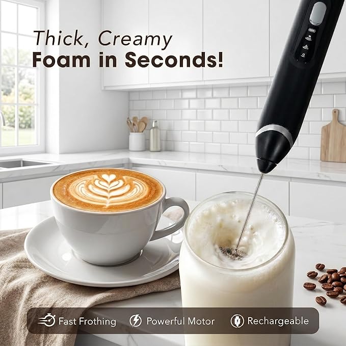Handheld Milk Frother Wand for Coffee，Rechargeable Drink Mixer, 30dB Ultra Quiet with 3 Adjustable Speeds & 3 Whisks For Cappuccino, Hot Chocolate, Egg，Protein powder