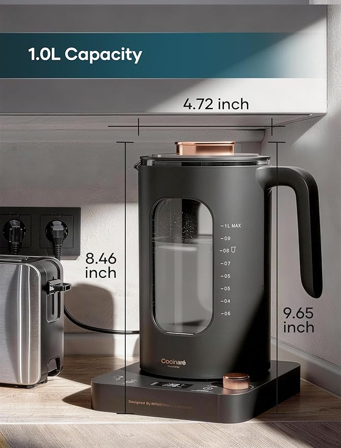 Electric Tea Kettle, Electric Kettle with Tea Infuser, ±1℉ Knob Temperature Control, BPA-Free Glass, 1200W Fast Heating, Easy to Clean, 1 Liter (Dark Gray)