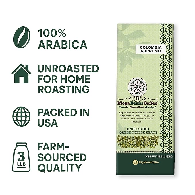 Unroasted Green Coffee Beans, Mega Beans Coffee, Specialty Grade Green Coffee Beans. (3 LB, Colombia Supremo 3 Lb)