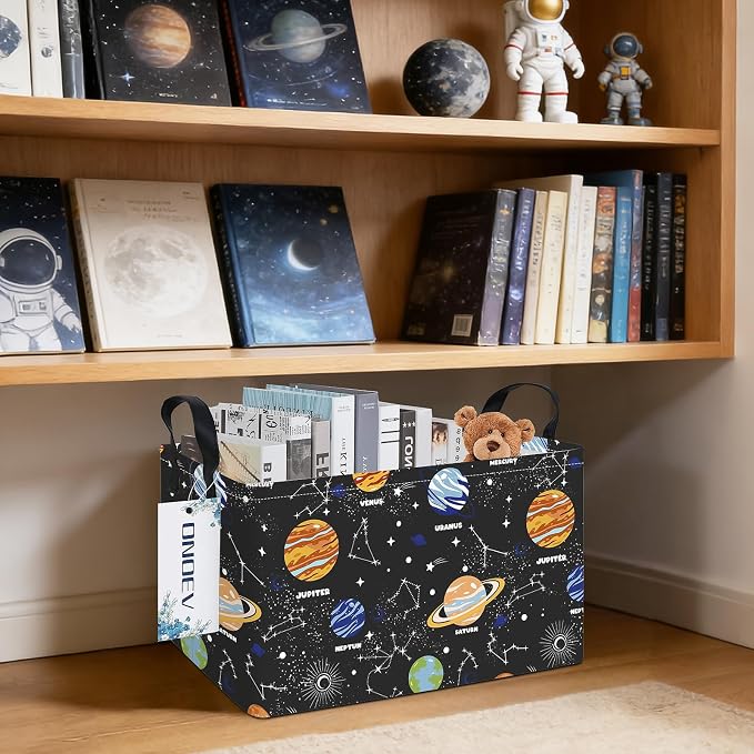 Rectangular Space Planet Pattern Storage Bin, Decorative Canvas Laundry Basket with Dual Handles, Foldable Household Toy Organizer, Multipurpose Party Gift Basket for Bedroom Dorm