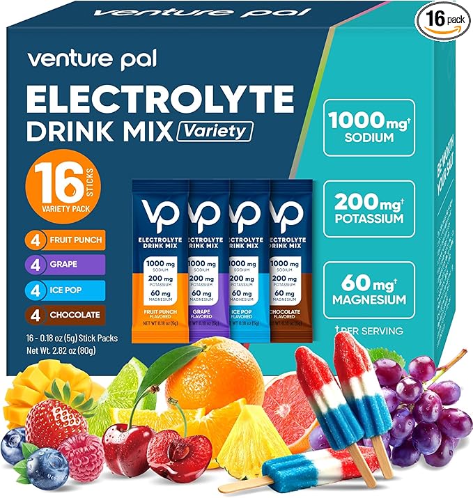 Venture Pal High Sodium Electrolyte Powder Packets | Sugar Free Hydration Drink Mix with Sodium, Potassium, Magnesium & Vitamins | Zero Calorie | Keto, Vegan & Paleo Friendly | 16 Sticks