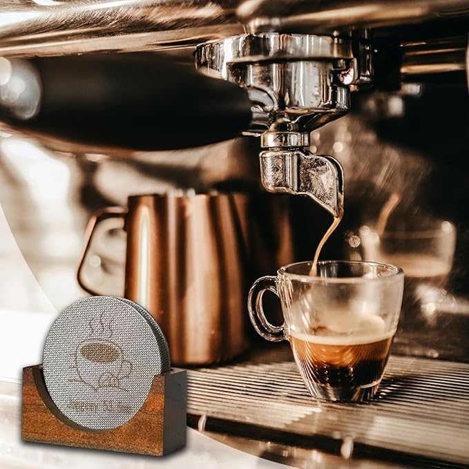 2 Packs 53.5mm Espresso Puck Screen with Stand, Reusable Coffee Filters Compatible with Breville Barista 54mm Portafilter Basket, 1.7mm Thickness 150μm 316 Stainless Steel Espresso Machine Accessories