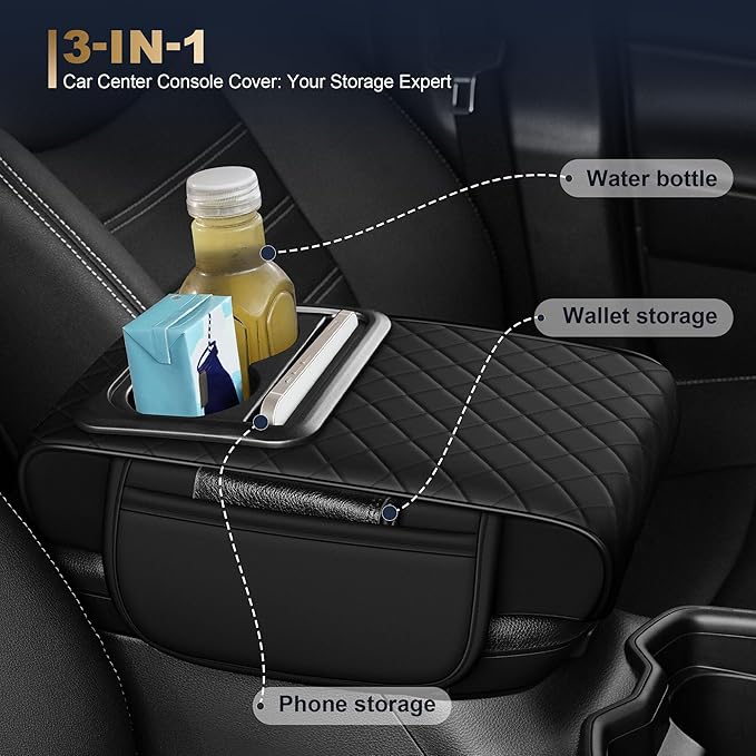 YORKNEIC Upgraded Car Center Console Cover with Cup Holder 2 Storage Bags - Faux Leather Arm Rest Cover Fit for Ford Fusion,Middle Console Cover Multi-Functional Car armrest Cushion(Black)