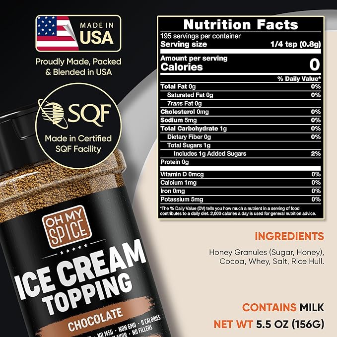 Ice Cream Topping Chocolate Powder Mix - Gluten Free & Low Sodium Cocoa Powder for Coffee Toppings. Sweet Cacao Topper Mix Seasoning Flavor for Oatmeal, Yogurt & Dessert. Chocolate for Coffee. 5.5oz