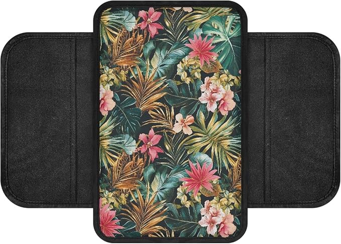 CLOHOMIN Pink Hibiscus Car Center Console Cover Accessories Palm Leaves Armrest Seat Box Cover for Most Car, Truck, and SUV Tropical Automotive Arm Rest Cushion Pad