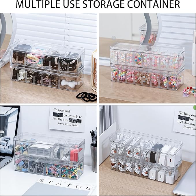 2 Pack Cable Organizer Box with Lid, Plastic Cord Storage Organizer with 8 Adjustable Compartments for Home Office Desk Drawer, Clear Phone Charger Bins