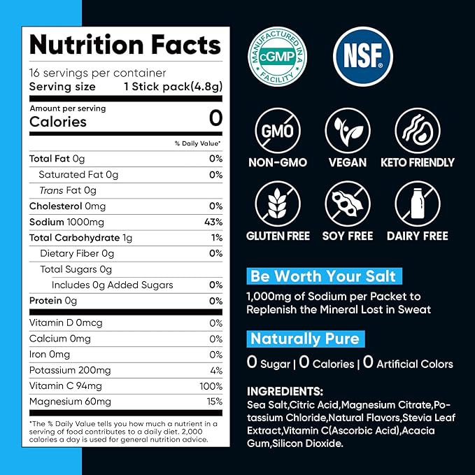 Venture Pal High Sodium Electrolyte Powder Packets | Sugar Free Hydration Drink Mix with Sodium, Potassium, Magnesium & Vitamins | Zero Calorie | Keto, Vegan & Paleo Friendly | 30 Sticks