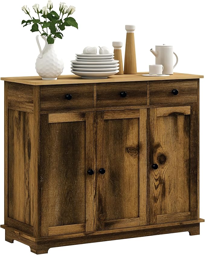 HOMCOM Sideboard Buffet Cabinet with Solid Wood Countertop, Modern Kitchen Storage Cabinet, Coffee Bar Cabinet with 3 Drawers, Doors and Adjustable Shelf, Rustic Brown