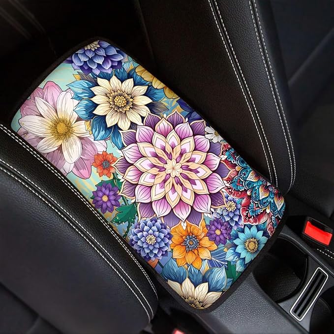 Universal Car Center Console Cushion Pad, Boho Flowers Car Center Console Cover Auto Armrest Seat Box Cover Protector for Most Vehicle SUV Truck Car