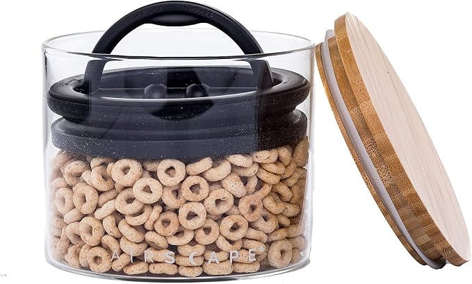 AirScape Glass Food Storage Canister - Glass Storage With US Patented Airless Inner Lid & Bamboo Top Lid - Preserves Food Freshness (Small 4-Inch)