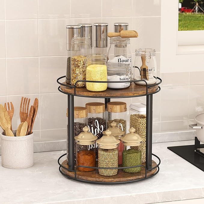 LAMU 12'' Wood Lazy Susan Turntable Organizer for Cabinet, 2 Tier Lazy Susan Spice Rack Organizer for Kitchen, Table Top, Countertop, Pantry, Bathroom