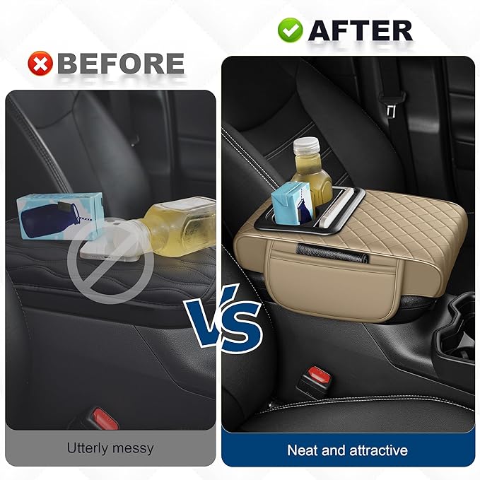 Car Center Console Cover Fit for Volkswagen Atlas Faux Leather Auto Armrest Box Cover with Cup Holder & Phone Holder Waterproof Leather Armrest Protector Cushion(Beige)