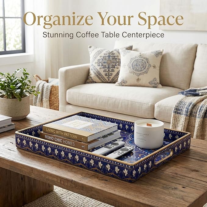 Zosenley Decorative Serving Tray with Handles - 15.7" x 11.8" Blue Mandala Pattern Rectangular Plastic Platter - Boho Coffee Table Tray for Ottoman, Breakfast in Bed & Living Room Decor