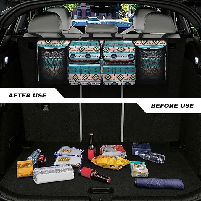 CLOHOMIN Blue Aztec Trunk Organizer for Car Fashion Car Storage Oraganizer Washable Back Seat Hanging Storage with 4 Large Pockets Multi Cargo Storage Bag for SUV Car Sedan