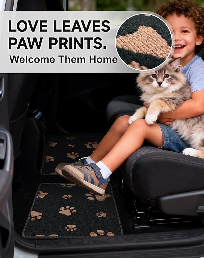 Cute Embroidered Dog Paw Car Floor Mats for Pet Lovers, Universal Fit All Weather Car Mats with Anti-Slip Nibbs Backing, Carpet Floor Mats for Cars, Trucks & Sedans, Full Set of 4 (Brown Paw)