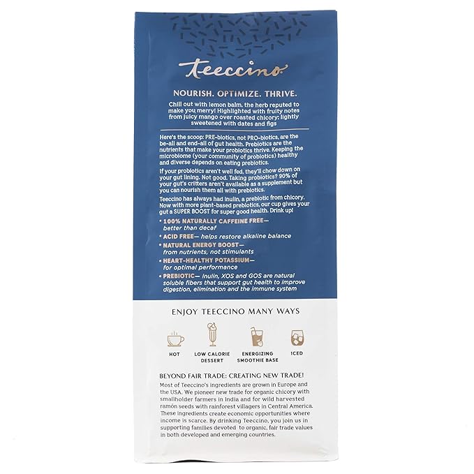 Teeccino Mango Lemon Balm - Prebiotic SuperBoost™ Herbal Blend - 10 Ounce - Steep like Loose Leaf Tea or Brew Like Coffee – Support Probiotics 3 Vegan Prebiotics for Gut Health & Good Mood