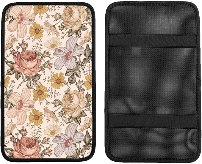 Vintage Floral Boho Peony Daisy Car Center Console Cover Car Armrest Cushion Waterproof Middle Console Cover Car Arm Rest Cover Pad Comfortable Car Accessories Interior for SUV Sedan Truck