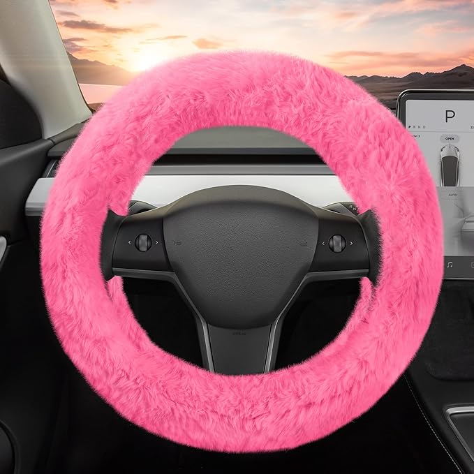 BDK Steering Wheel Covers for Women (Faux Fur - Pink)
