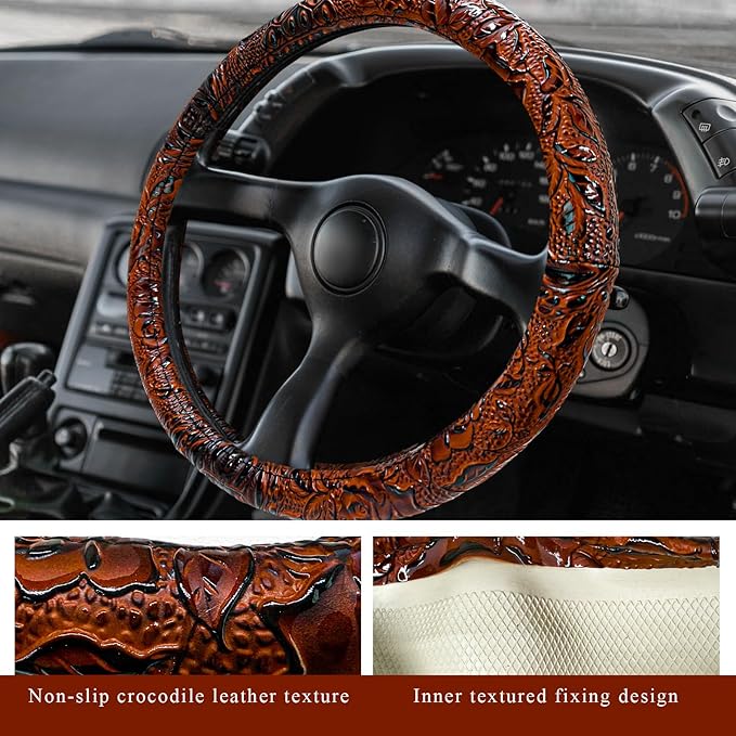 Leather Car Steering Wheel Cover, 15" Crocodile Pattern Anti Slip Car Wheel Wrap with Rose Grain, Four Seasons Universal Auto Steering Wheel Protector for Cars Trucks SUVs (Brown)