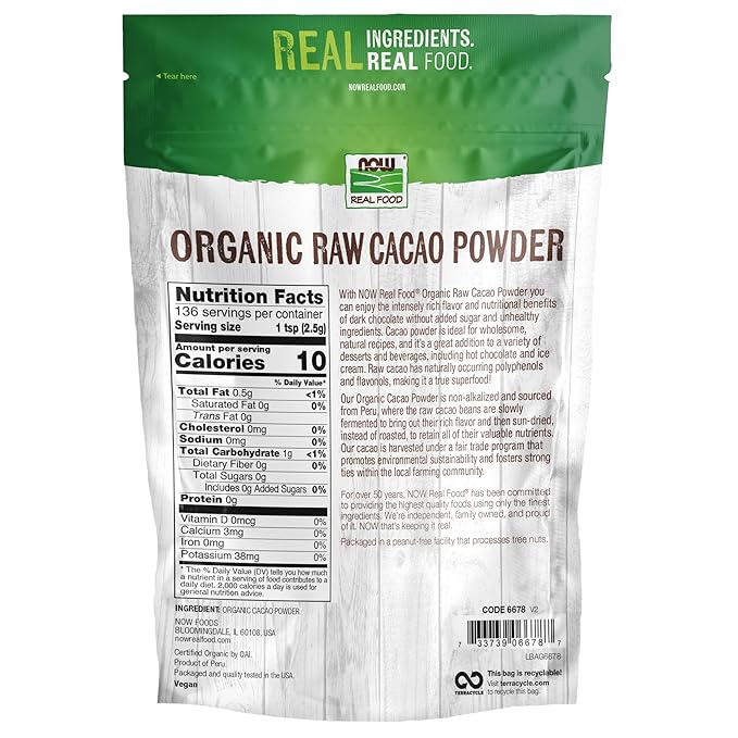 NOW Foods, Organic Raw Cacao Powder, with Polyphenols and Flavonols, Sun-Dried, Intensely Rich Flavor, 12-Ounce (Pack of 4)