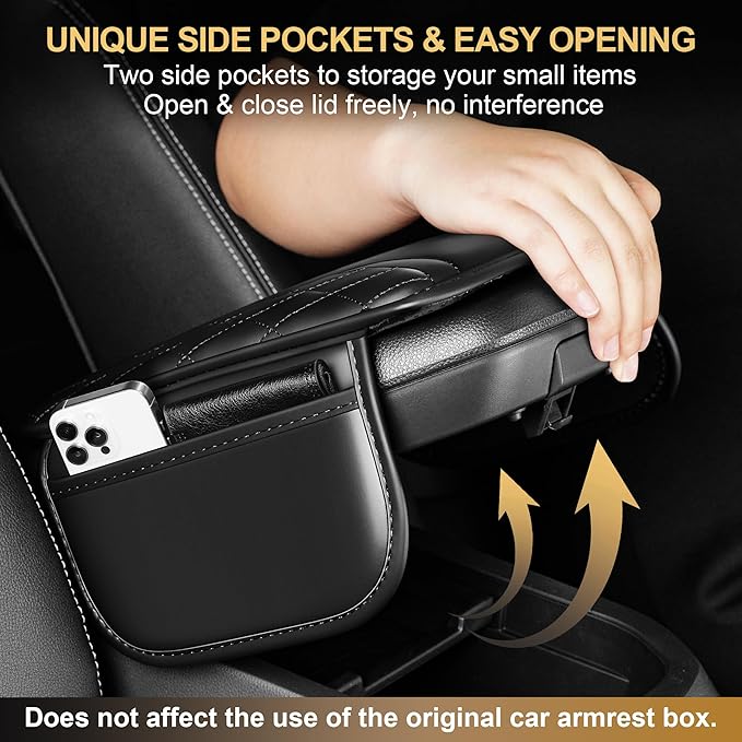 Center Console Cover Compatible with Acura RDX Leather Auto Armrest Cover Protector with 2 Side Pockets(Black)
