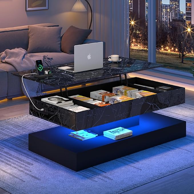 47.2" Large Lift Top Coffee Table, Modern LED High Glossy Coffee Table with Charging Station, Lights, Hidden Compartment Storage, Lift Center Tables for Living Room, Home Office, Black