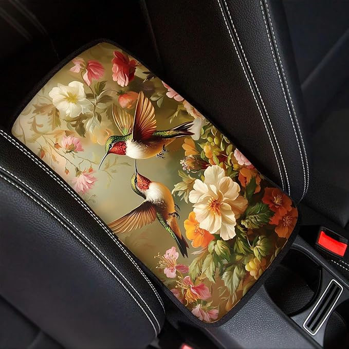 Hummingbird Peony Print Car Center Console Cover,Auto Armrest Box Pad,Soft Auto Arm Rest Cover for Most Vehicle SUV Truck Car