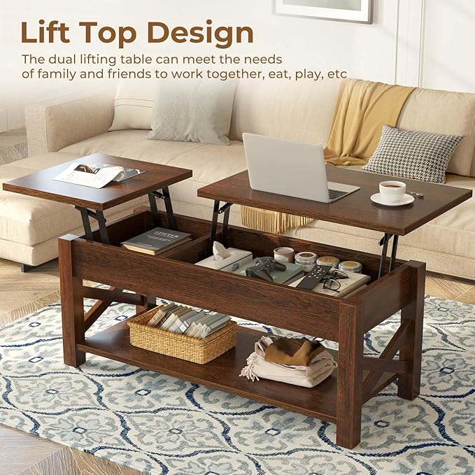 Rolanstar Coffee Table, 47.2" Lift Top with Hidden Compartment, 2 Way Lift Top Coffee Table with Open Shelf & X Wooded Support, Farmhouse Center Table for Living Room, Espresso