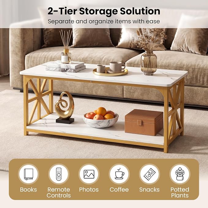 Giantex Farmhouse Coffee Table, 43" Faux Marble Center Table w/Storage & X-Shaped Frames, 2-Tier Modern Accent Cocktail Tea Table, Rectangular Wooden Living Room Tables for Small Spaces, Gold & White