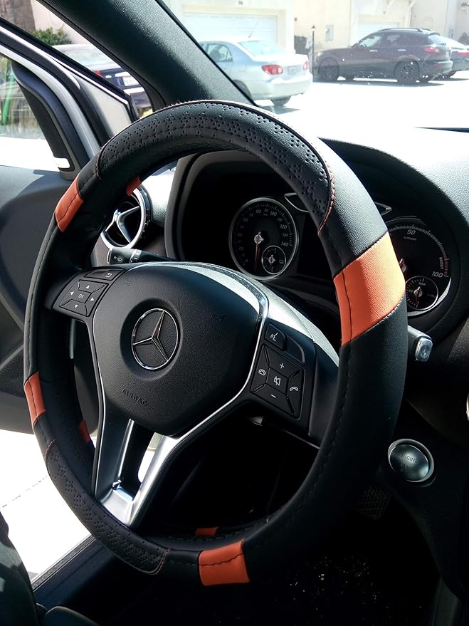 Jdragon Black & Orange PU Leather Best Grip Slip-On Steering Wheel Cover 14.25-15" Diameter