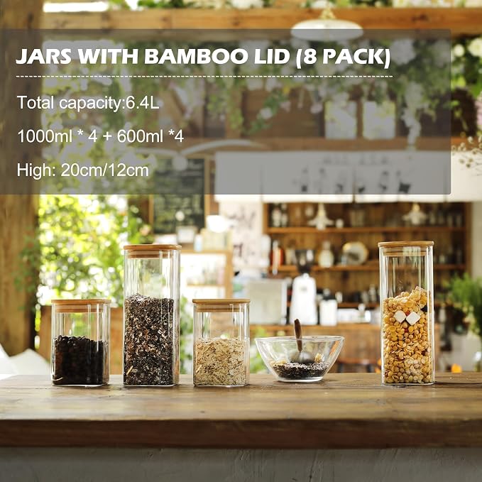 LIBWYS 8-Pack Square Glass Storage Jars with Bamboo Lids (0.6Qt/1.06Qt) - Stackable Food Containers for Pantry Organization, Coffee, Flour, Snacks, Tea | Kitchen Canisters Set