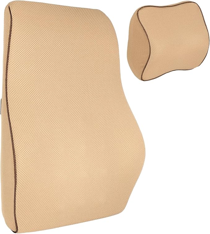 HARFINGTON Car Headrest & Lumbar Support Pillow Kit Memory Foam Ergonomic Seat Headrest & Lumbar Cushion for Driving Office Car Seat, Camel
