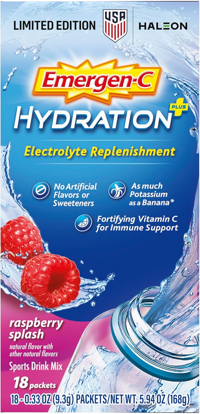 Emergen-C Hydration+ Sports Drink Mix With Vitamin C (18 Count, Raspberry Flavor), Electrolyte Replenishment, 0.33 Ounce Powder Packets