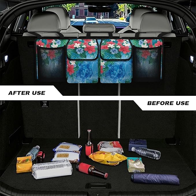 CLOHOMIN Hibiscus Car Trunk Organizer Blue Sea Turtle Car Storage Bags Washable Car Trunk Tool Organizer Collapsible Cargo Bag with 4 Pockets Car Decorative Accessories