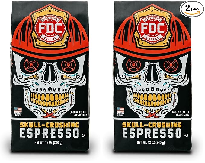 Fire Department Coffee Skull-Crushing Espresso Dark Roast Ground Coffee - 12 oz (2 Pack) - Gives Back to Firefighters - Roasted in the USA - Veteran Owned
