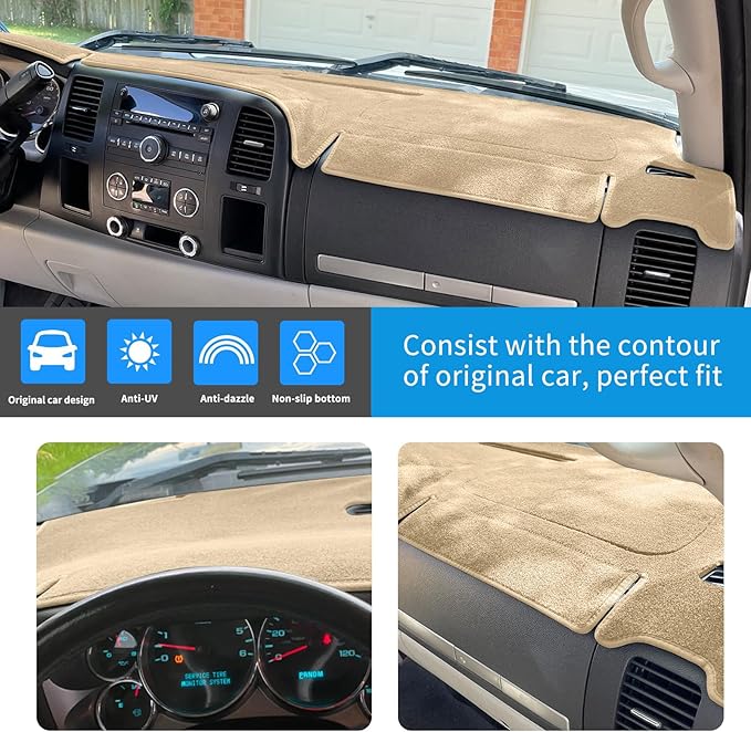 Dashboard Cover for GMC Sierra and Chevrolet Silverado- Fits 2007-2013 Models with Two Glove Boxes. Custom Fit Dash Mat, Won't Break Dash Sensors(Premium Carpet, Beige)