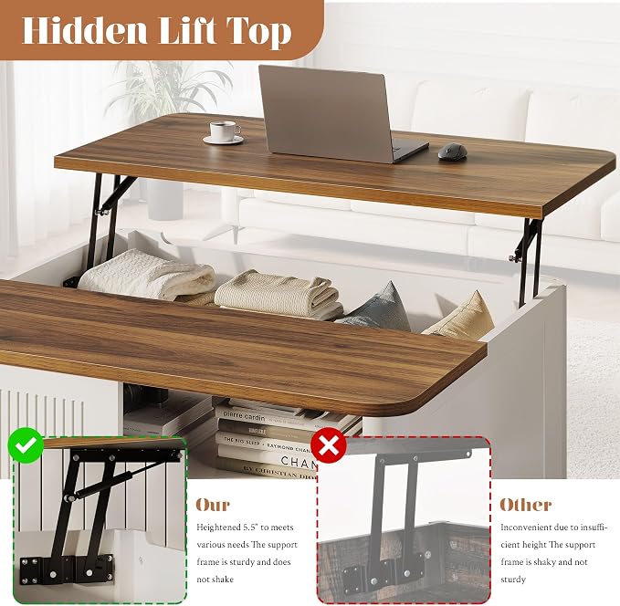 Decofy Lift Top Coffee Table with Storage Mid Century Modern Square Coffee Tables for Living Room, Large Hidden Storage Compartment, Adjustable Shelves & Sliding Door