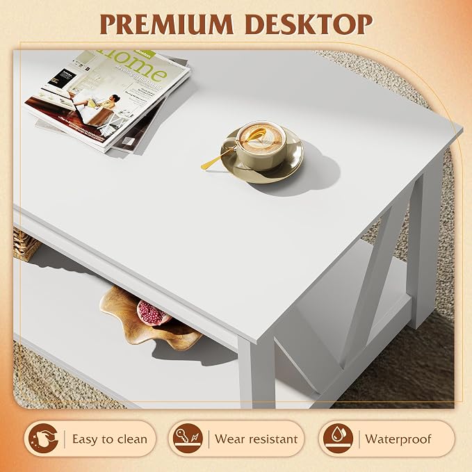 WLIVE Coffee Table with Storage Shelf, 39.4" Farmhouse Coffee Table with V-Frame Support, 2-Tier Wood Rustic Center Table for Living Room, Bedroom & Balcony, All White