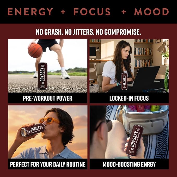 Odyssey Functional Energy Drink for Focus, Cognition & Mood Support 12 Pack - Adaptogenic Drink with 85mg Green Tea Caffeine, Lion’s Mane, Cordyceps, L-Theanine & Ginseng, Sparkling Cola
