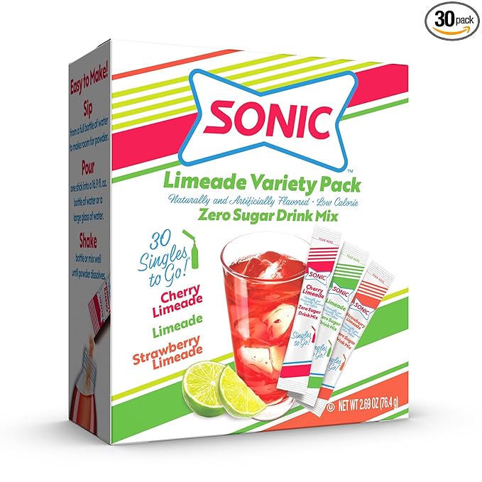 Sonic Singles To Go Limeade Variety Pack, Watertok Powdered Drink Mix, Includes 3 Flavors, Limeade, Cherry Limeade, Strawberry Limeade, 1 Box (30 Servings)