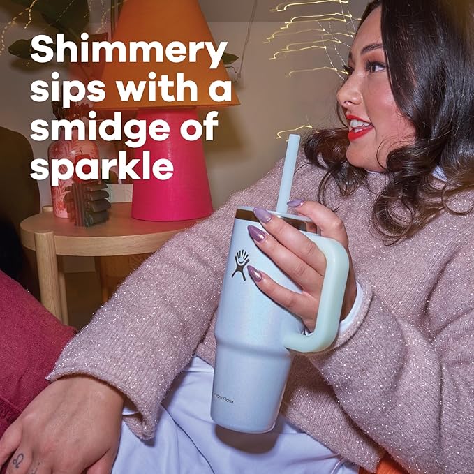 Hydro Flask Travel Tumbler with Handle, Lid and Straw - Insulated Stainless Steel in 40 Oz Glimmer Cream