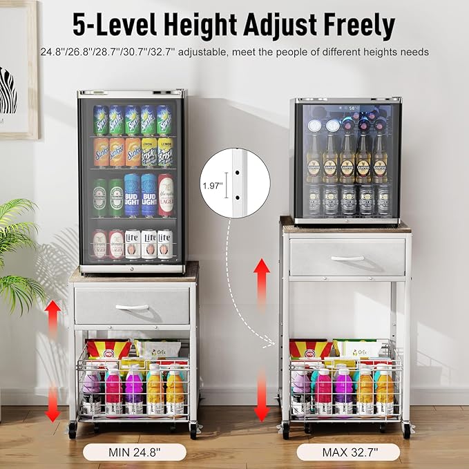 Housolution Mobile Mini Fridge Stand with Storage, Height-Adjustable Mini Beverage Fridge Table, Coffee Bar, 200 lbs Heavy-Duty Compact Refrigerator Shelf with Rolling Cabinet for Kitchen Home, White