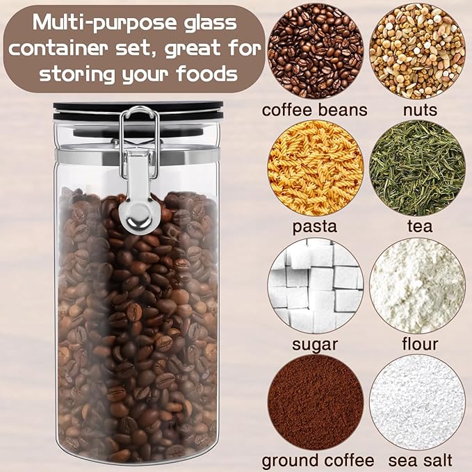 WYTAOHZL 3PCS Glass Coffee Containers with Shelf 54 oz Coffee Station Organizer Glass Bean Storage with Spoon Canister Set Jars with Airtight Locking Clamp for Bean Sugar Nuts
