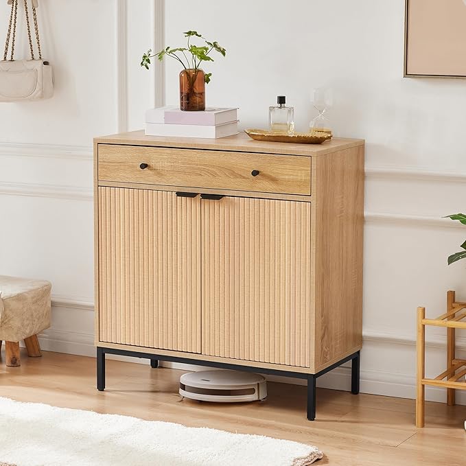 Mericonia Farmhouse Buffet Sideboard Cabinet with Storage, Fluted Coffee Bar with Doors and Adjustable Shelves, Modern Wood Cabinet for Kitchen, Livingroom (Fluted 2 Door, Natural) | with Drawer, Farmhouse, Kitchen Storage, with Doors, Adjustable Shelv...