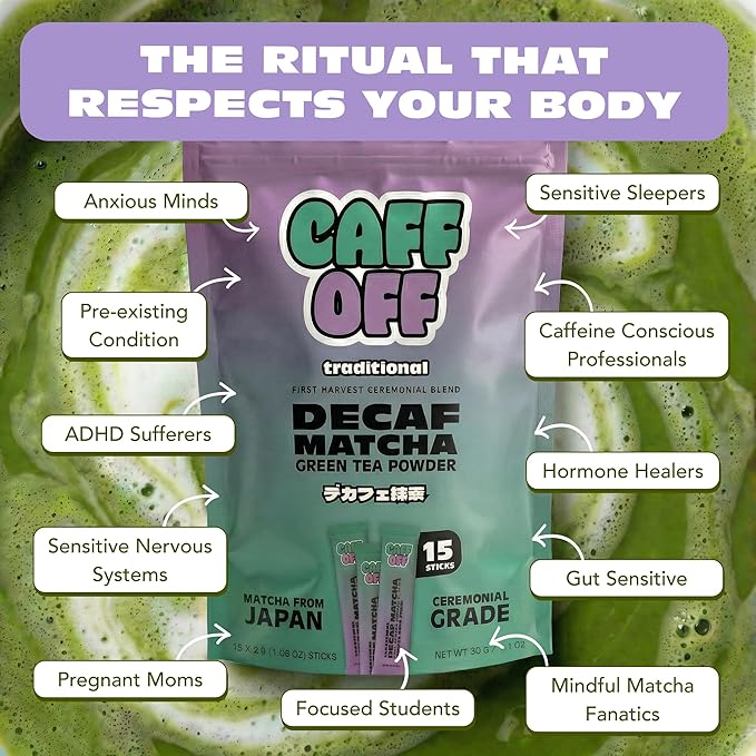 Decaf Matcha Green Tea Powder From Japan - 15 Sticks (2 g each / 30 g total) - Ceremonial Grade - Naturally Decaffeinated Using No Chemicals - Tested For Heavy Metals & Pestacides - First Harvest & Shade Grown Caffeine Free Matcha Powder