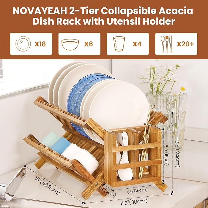 NOVAYEAH Acacia Wooden Dish Drying Rack for Kitchen Counter 2-Tier Collapsible Bmaboo Dish Drying Rack with Utensil Holder-Large Folding Dish Drainer Rack with Flatware Holder 34 pcs Grid