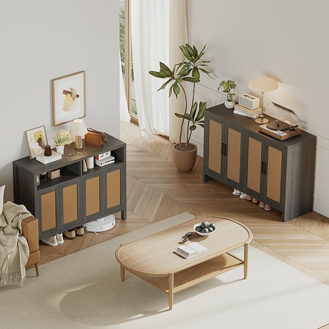 Mericonia Rattan Buffet Cabinet with Storage, Sideboard with Doors, Console Table, Farmhouse Coffee Bar, Modern Wood Storage Cabinets TV Stand(Brown Black 2.0)