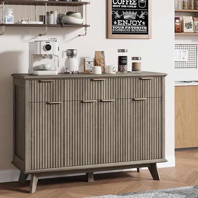 QUW Fluted Sideboard Buffet Cabinet with Charging Station, 47.2" Kitchen Storage Cabinet with Drawers and Adjustable Shelves, Modern Coffee Bar Kitchen Table for Dining Room, Living Room, Grey