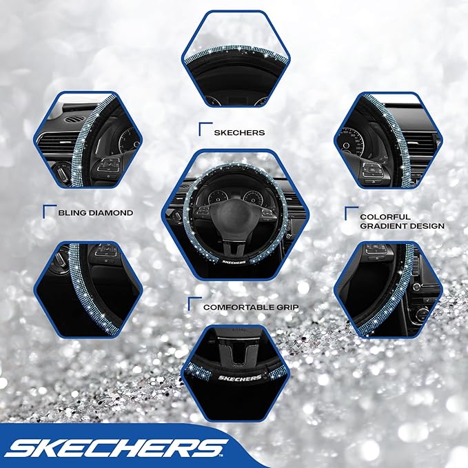 Skechers Women’s Bling Steering Wheel Cover, Velvet with Sparkly Crystal Rhinestones, Stylish Car Interior Gift, Universal Fit 14" 1/2-15" for Cars, SUVs, Trucks, Blue Diamond