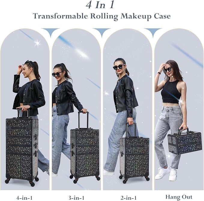 Stagiant Rolling Makeup Case Cosmetology Case on Wheels 4 in 1 Large Makeup Travel Case Nail Kits Organizer Train Case with Key Make Up Artist Salon Storage Traveling Cart Trunk Black Star